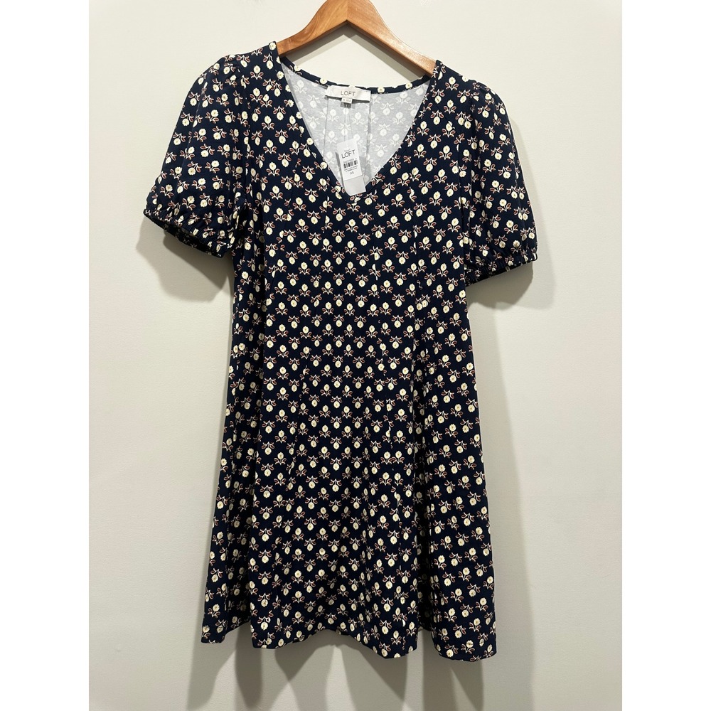 Loft Navy Blue Floral V-Neck Puff Sleeve Knit Mini Dress XS NWT